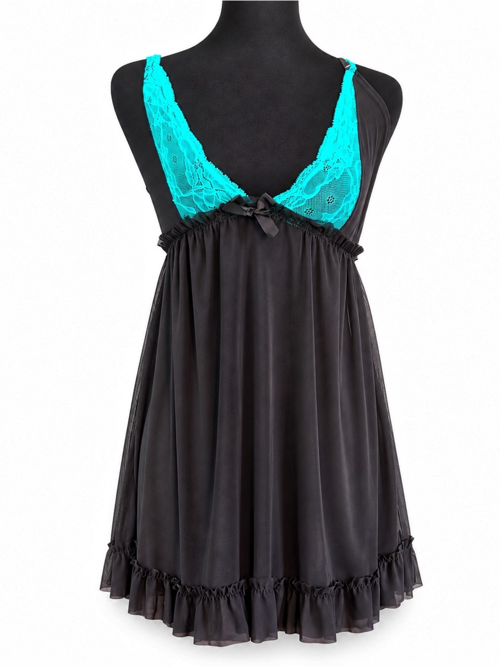 Y2K  Vintage Womens Hot Kiss Sheer Black w Teal Lace Babydoll Chemise & Thong XL